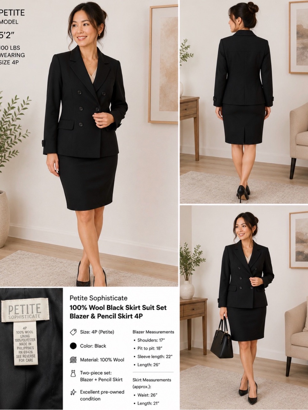 Petite Sophisticate 100% Wool Black Skirt Suit Set Blazer Pencil Skirt 4P